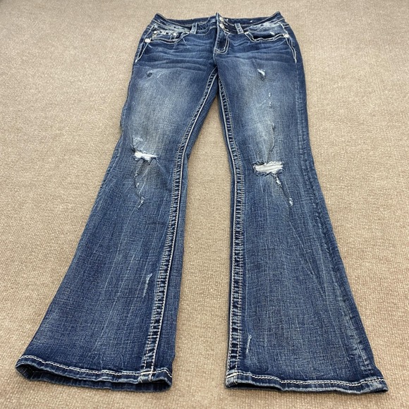 Miss Me Bootcut Jeans Womens 29 Medium Wash Stretch Rhinestone Embroidered Boho - Picture 2 of 13